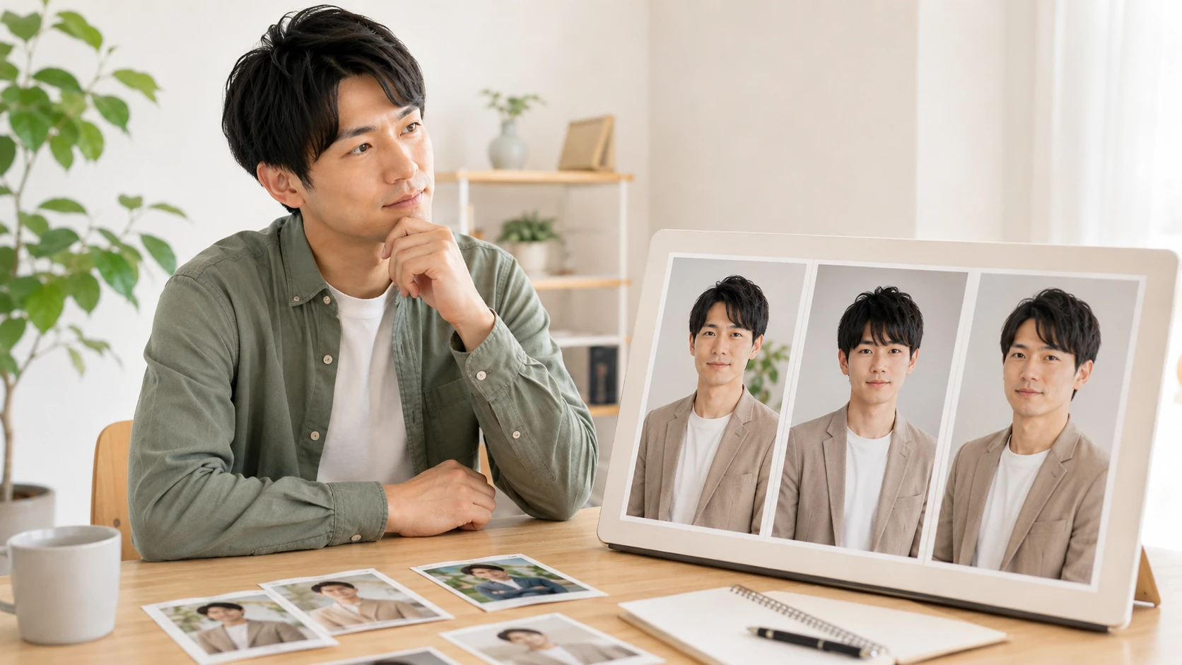 本人写真と複数のAIプロフィール写真を並べて本人との近さを比較するイメージ