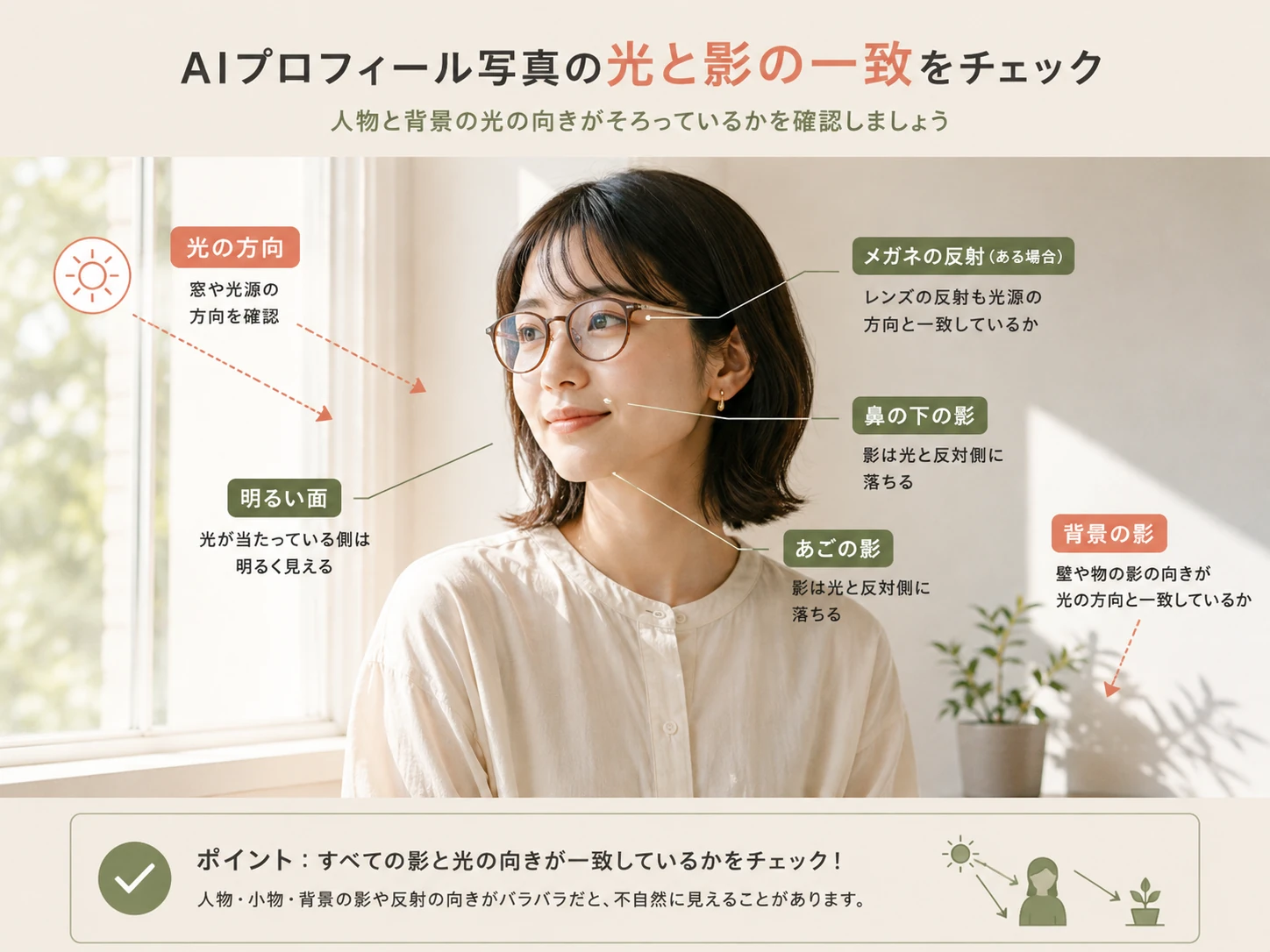 AIプロフィール写真で人物と背景の光や影の方向を確認する図