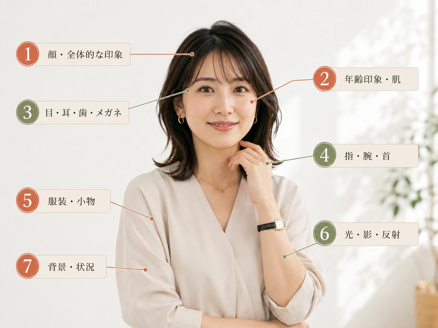 AIプロフィール写真で確認する顔、身体、服装、光、背景の7領域