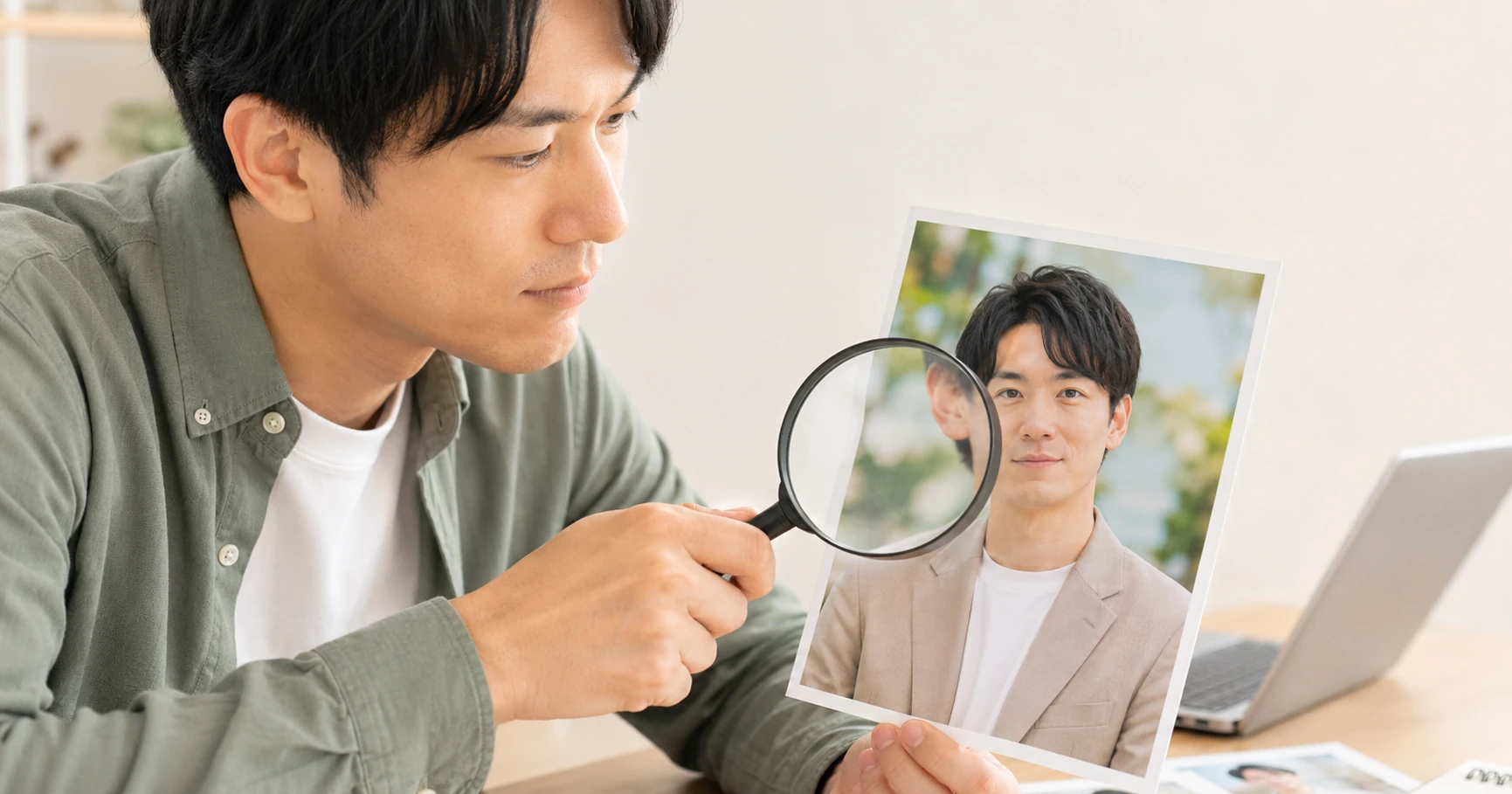 AIプロフィール写真の耳、眼鏡、指、衣服、背景を拡大して確認するイメージ