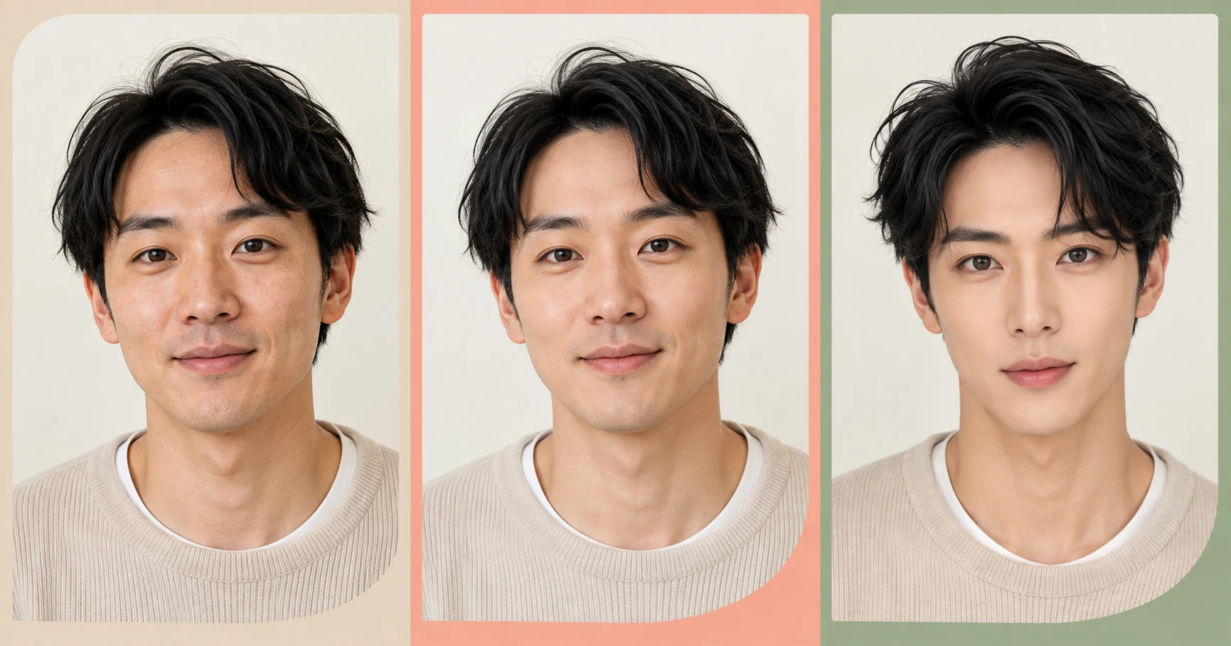 プロフィール写真の明るさ調整、肌補正、顔立ち変更を比較するイメージ