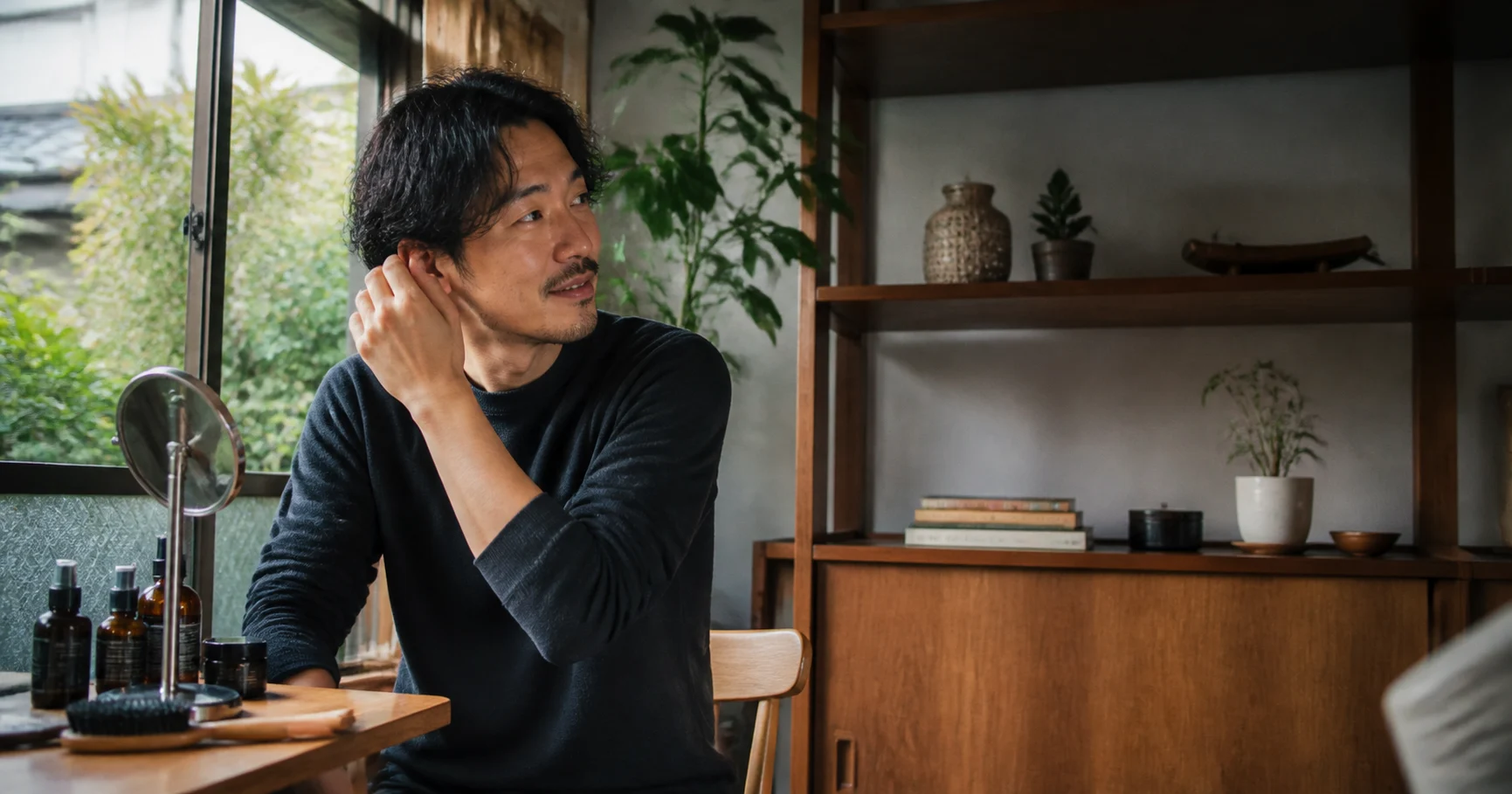 自然体で清潔感のある成人男性がプロフィール写真の準備をしているイメージ