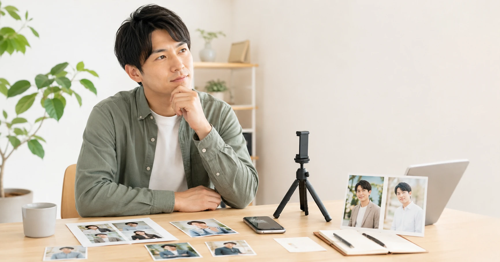手持ち写真、三脚、撮影サービス、AI写真からプロフィール写真の準備方法を検討するイメージ