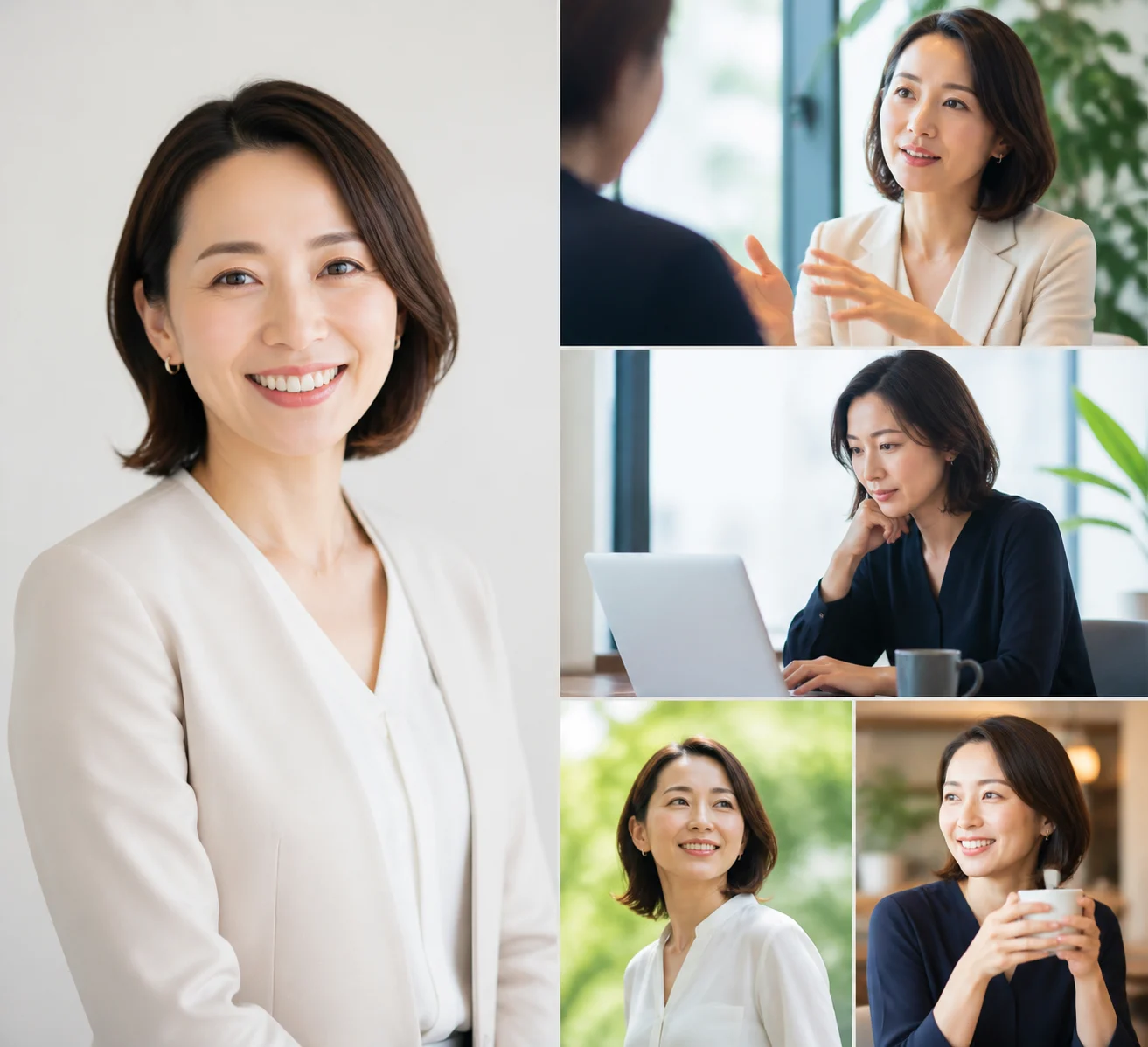 同じ人物のサブ写真セットで、顔・会話・日常・外出など役割の違いを比較したイメージ