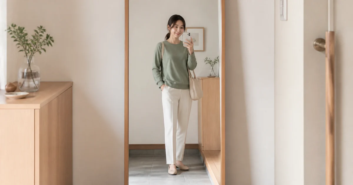 整理された室内の全身鏡で顔を隠しすぎずに撮影する成人