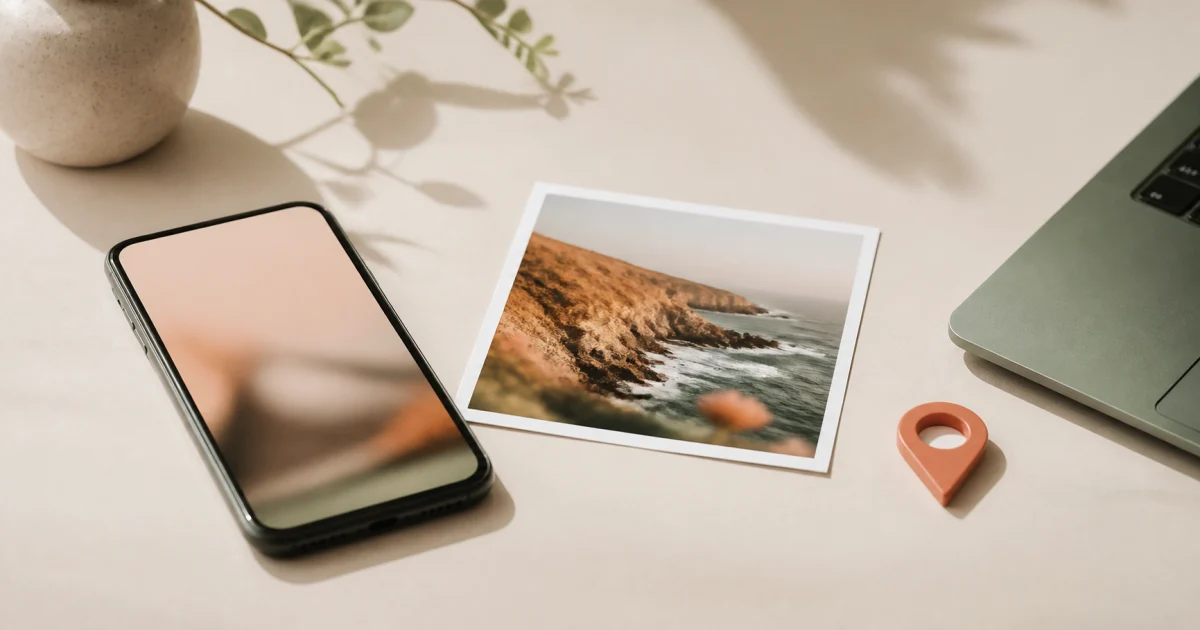 スマートフォンの写真と位置情報を表す地図ピンを確認するイメージ