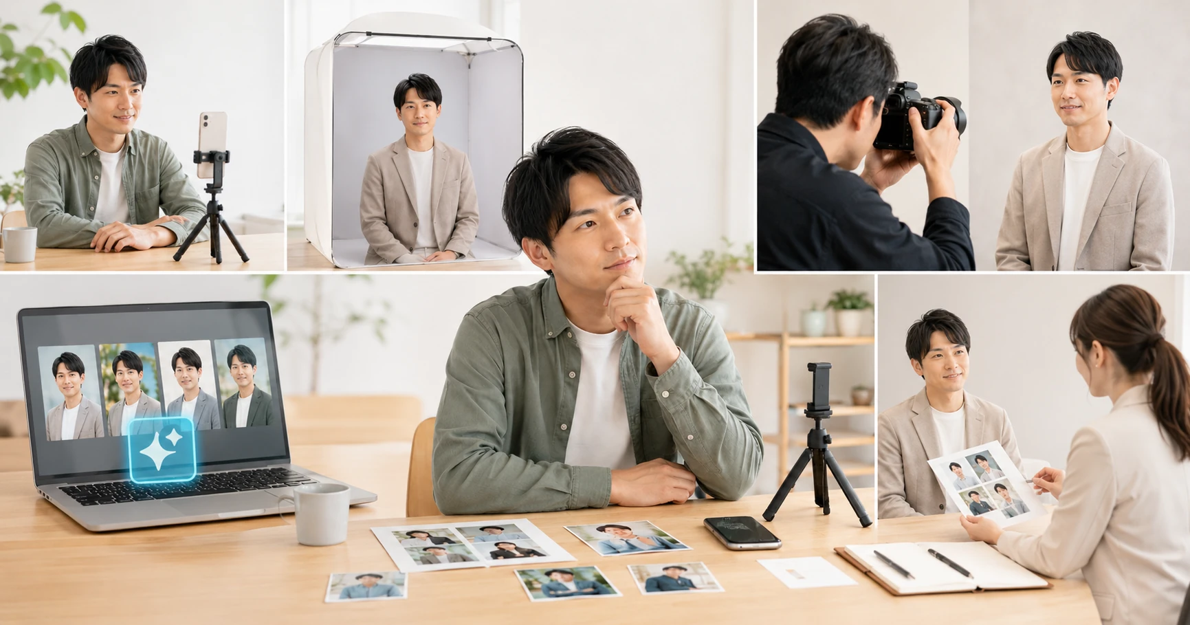自分での撮影、写真館、撮影代行、AI生成、写真制作を比較するイメージ