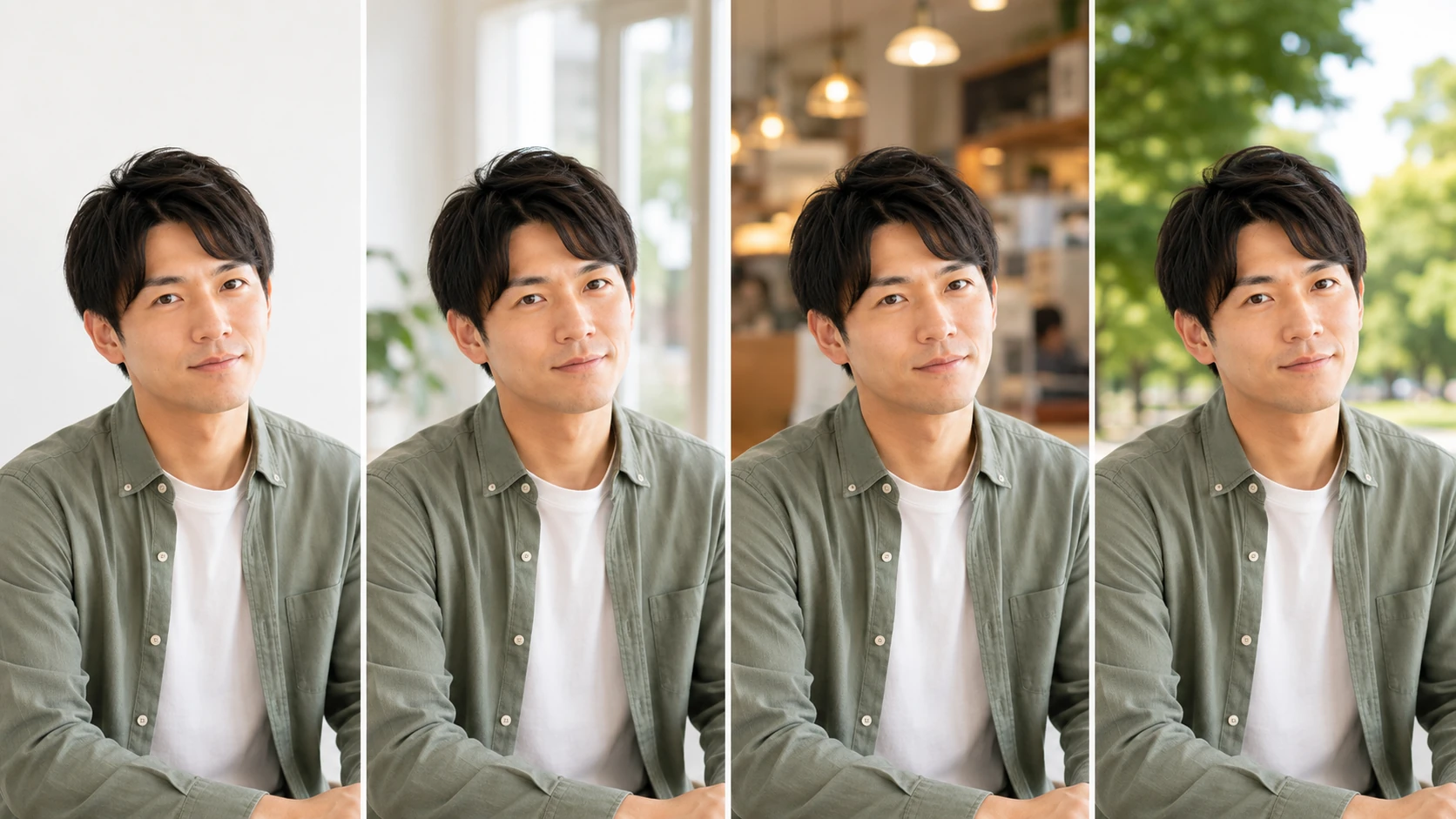 白い壁、窓辺、カフェ、公園を背景にした同一人物のプロフィール写真比較