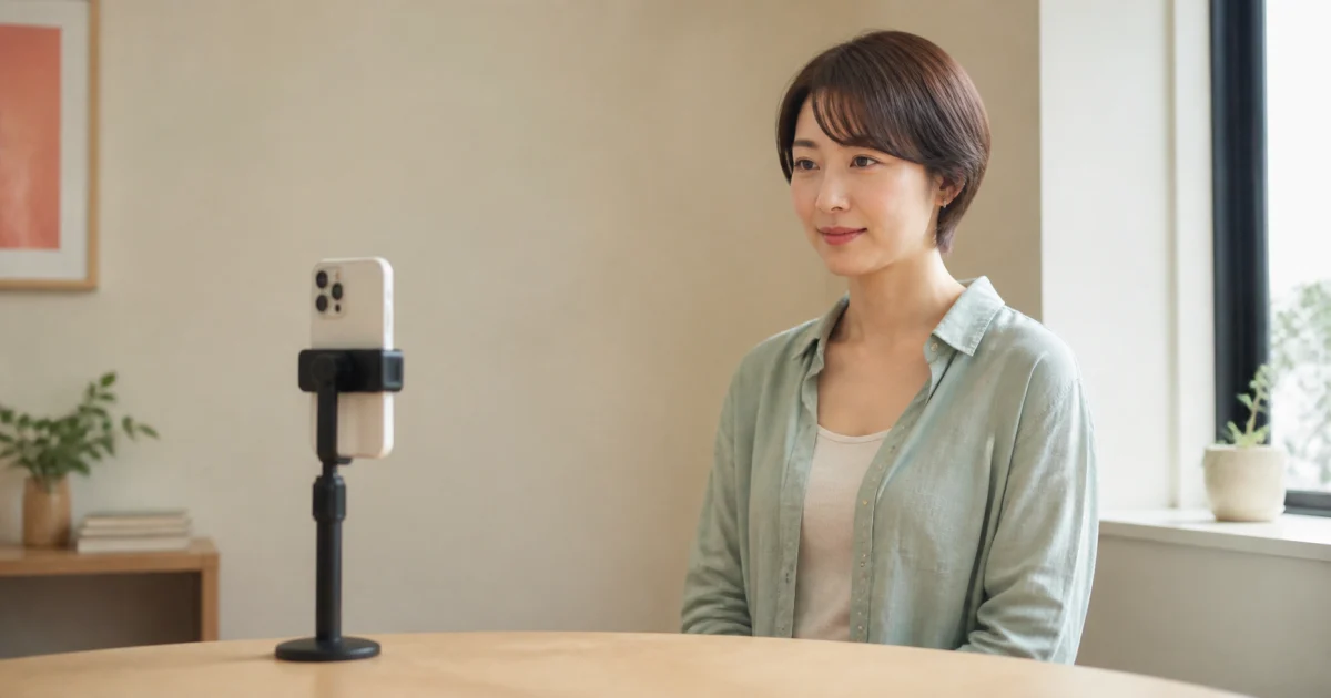 スマートフォンを目線付近の高さに固定してプロフィール写真を撮影する様子