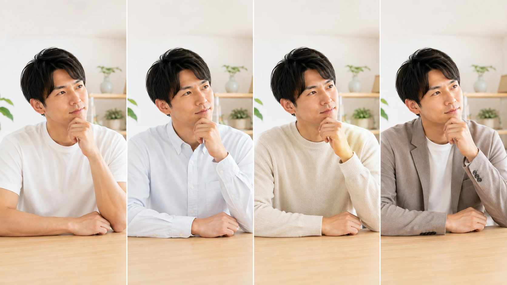 Tシャツ、シャツ、ニット、ジャケットを着た同じ男性のプロフィール写真比較