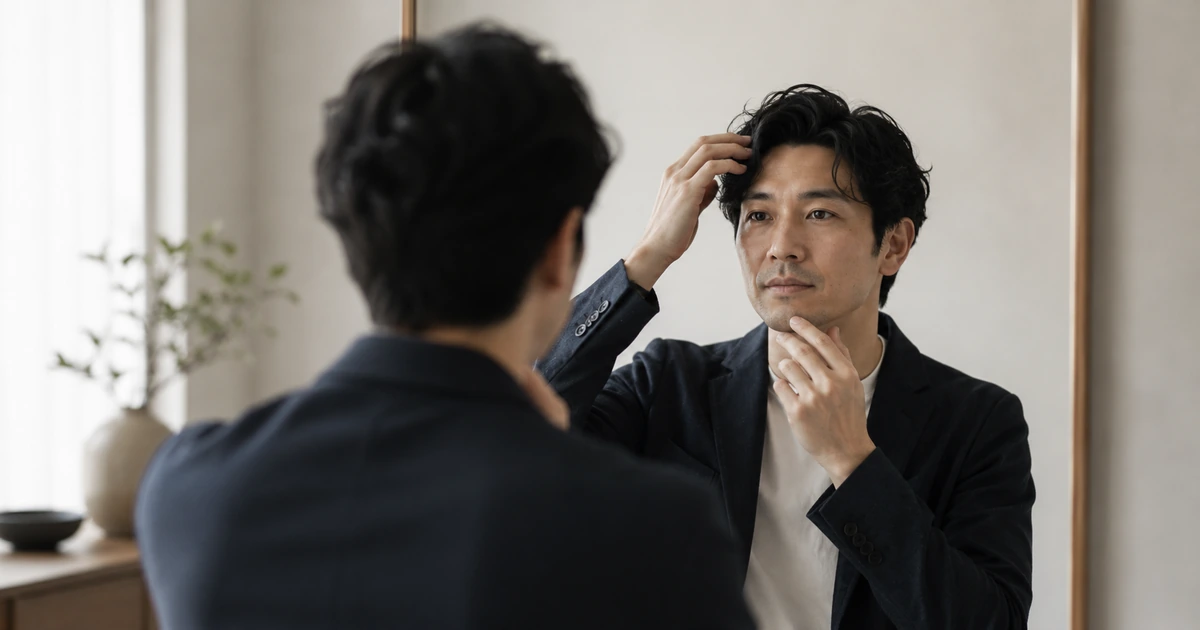 撮影前の髪型・ひげ・眉のチェックを説明するイメージ