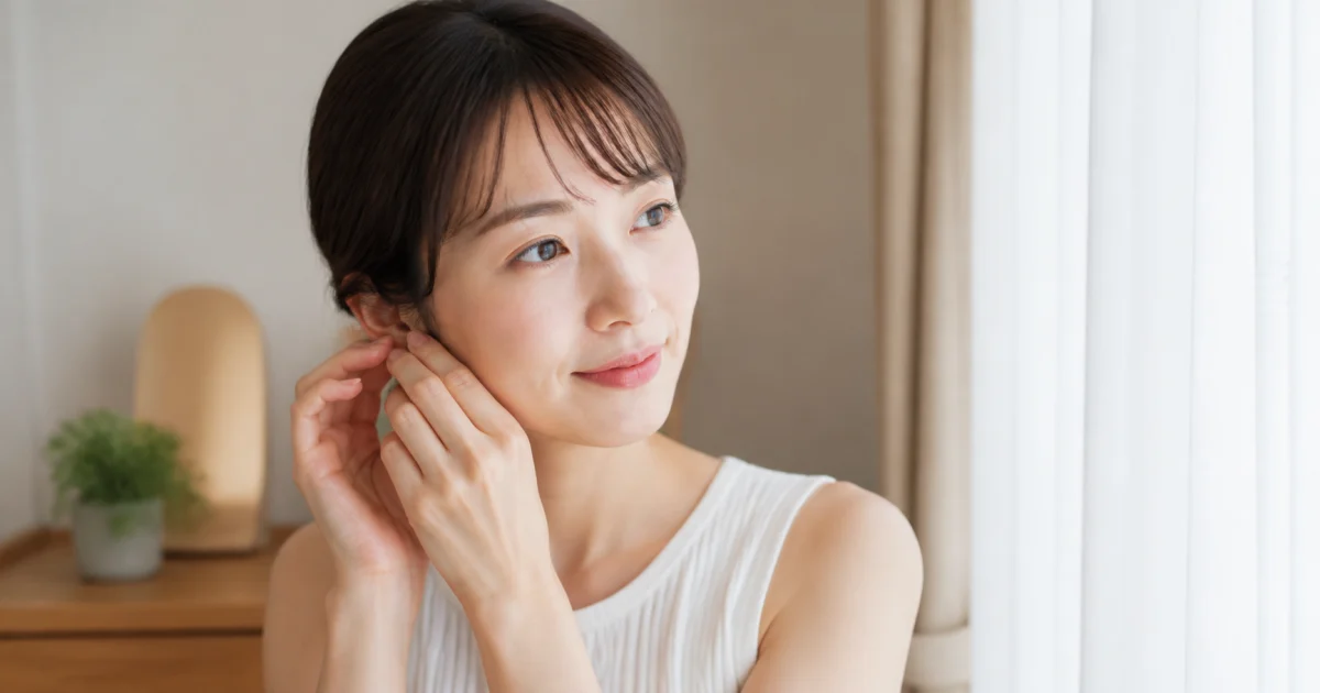 自然光の中で普段の髪型とメイクを整えてプロフィール写真を撮影する成人女性