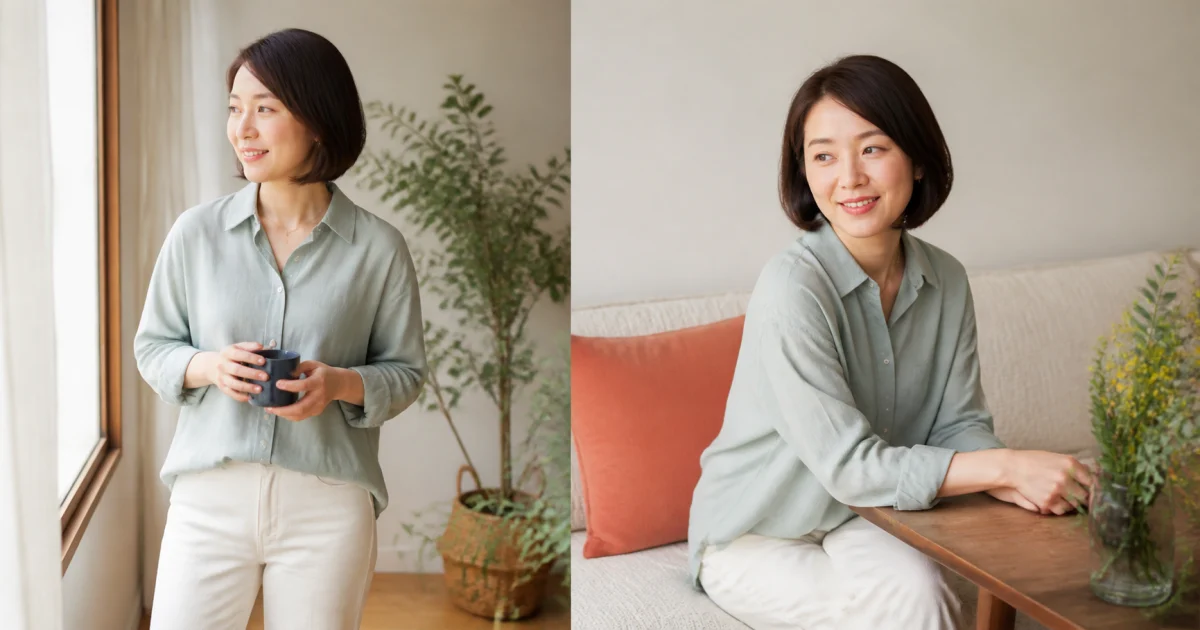 立ち姿と座り姿を自然に試す成人女性のプロフィール写真イメージ