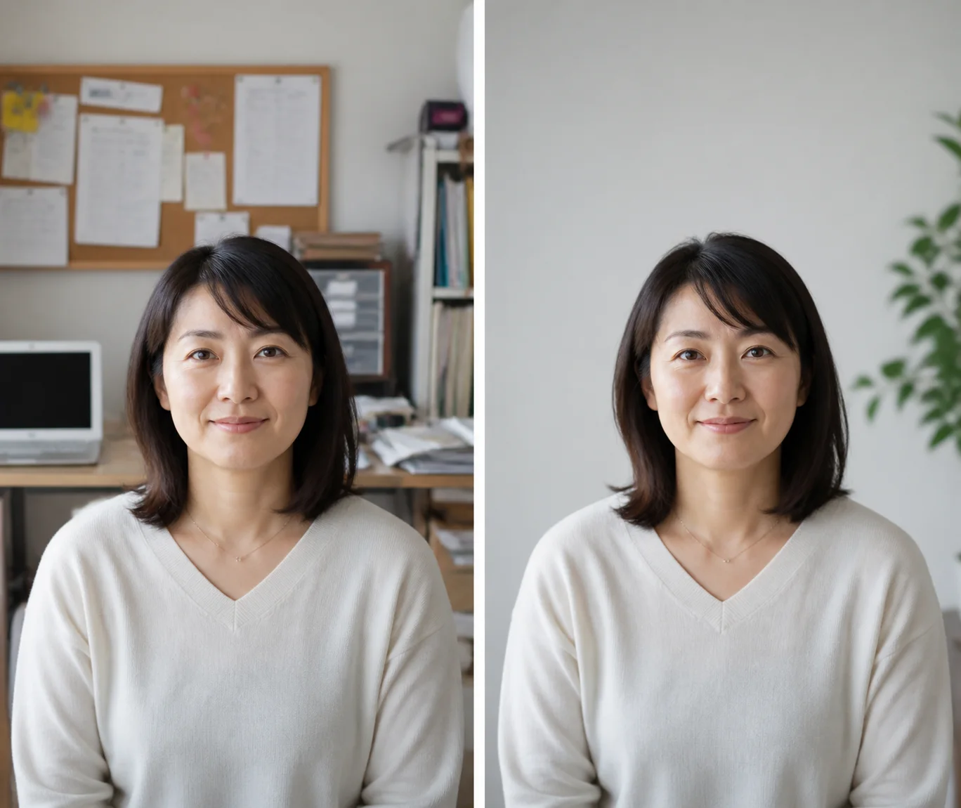 個人情報が入り得る生活空間の背景と、情報を減らした背景のプロフィール写真比較