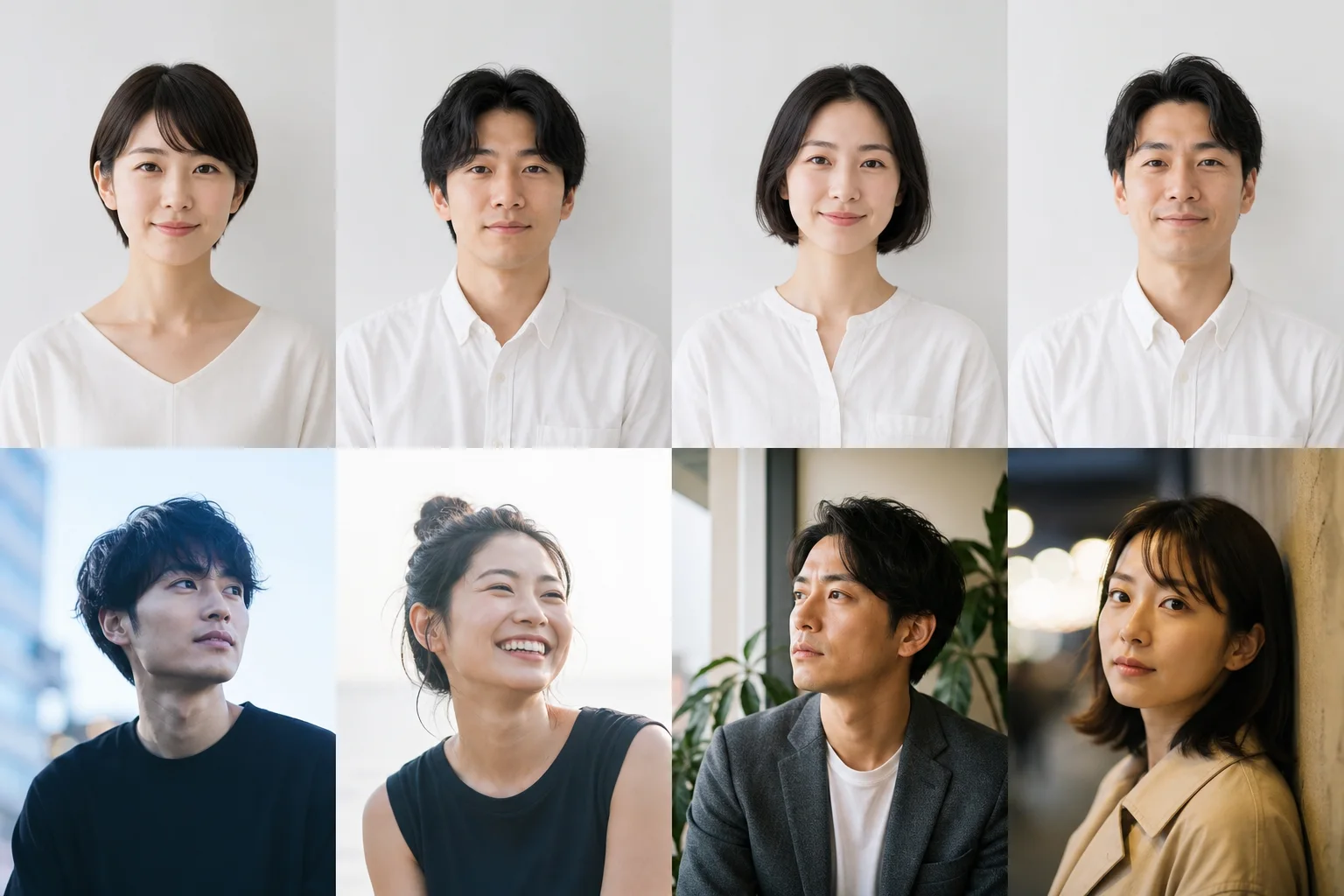 統一感のあるプロフィール写真セットと、雰囲気や撮影条件にばらつきがあるセットの比較