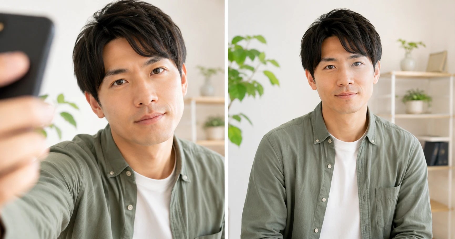 近距離の自撮りと三脚を使った上半身プロフィール写真の比較