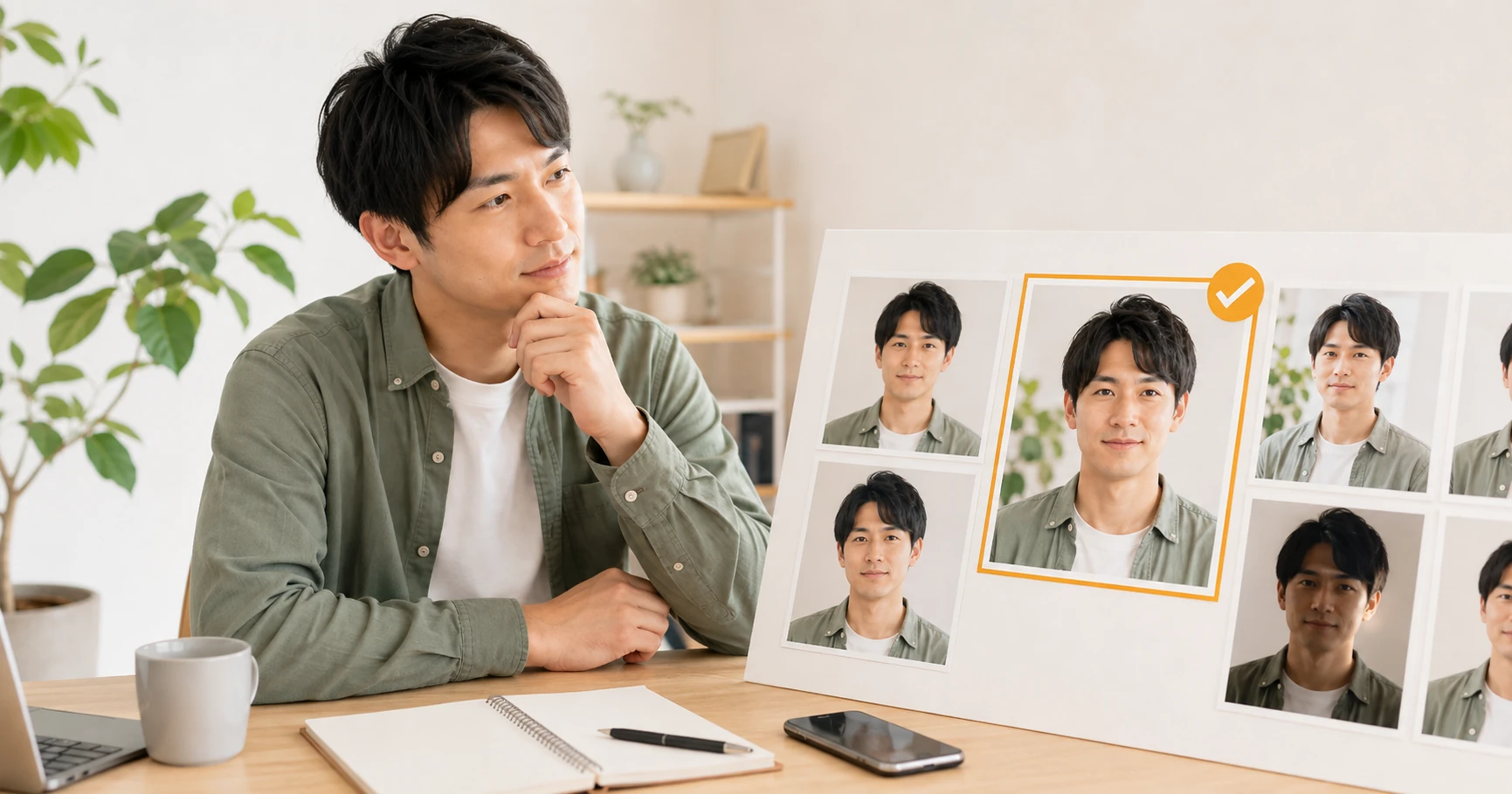 複数の本人写真からAIプロフィール写真制作に向く元写真を選ぶイメージ