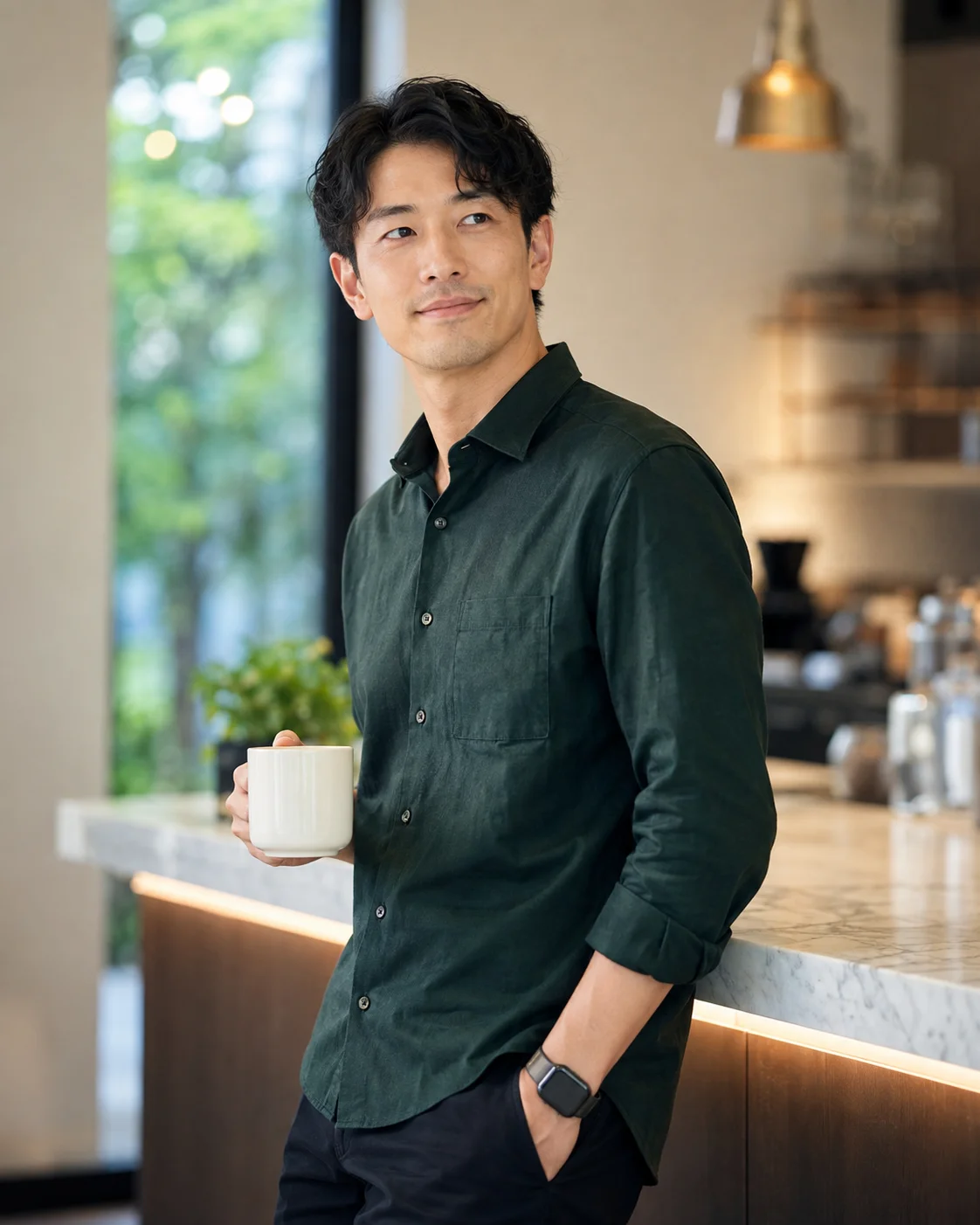 カフェで自然な表情を見せる日本人男性のプロフィール写真