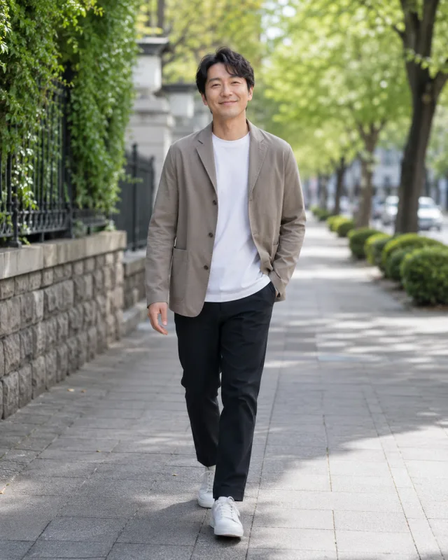 街路樹のある屋外で撮影したプロフィール写真のサンプル
